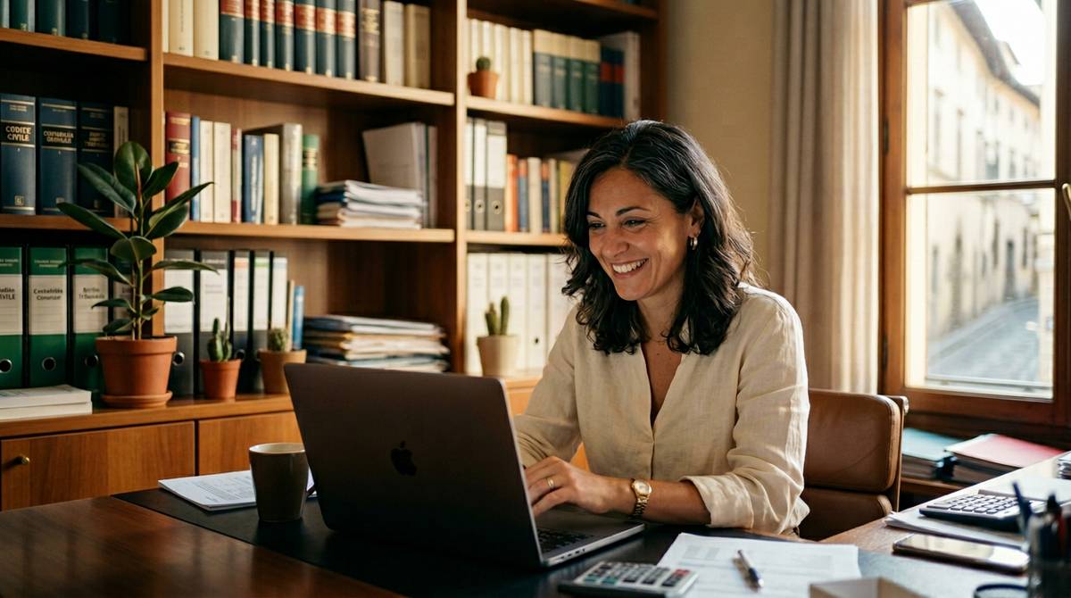 Una commercialista sorridente scopre il suo nuovo sito web