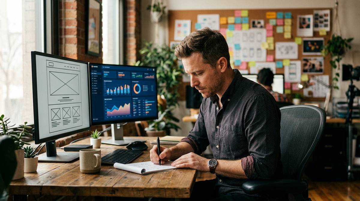 Un marketer progetta la struttura di un sito web alla scrivania