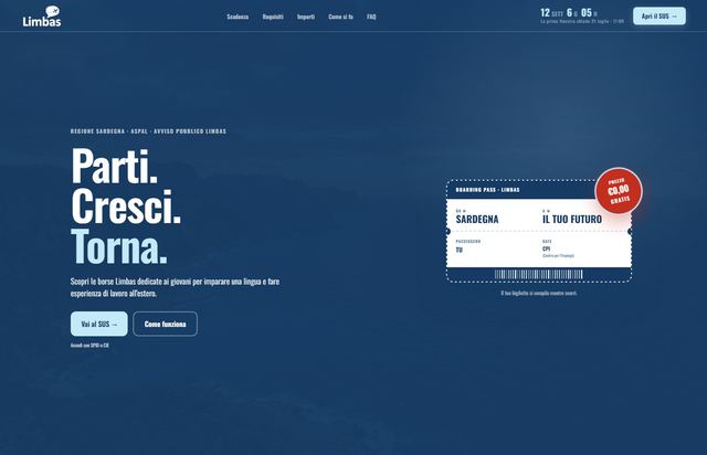 Screenshot del sito avvisolimbas.it — borse di studio Regione Sardegna per giovani all'estero