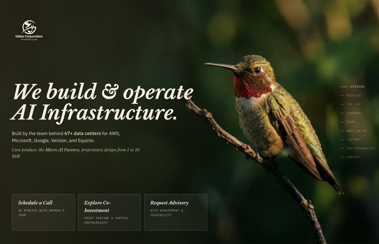 Screenshot del sito Gibbs Corporation — landing investor & partner per un'azienda di infrastrutture AI